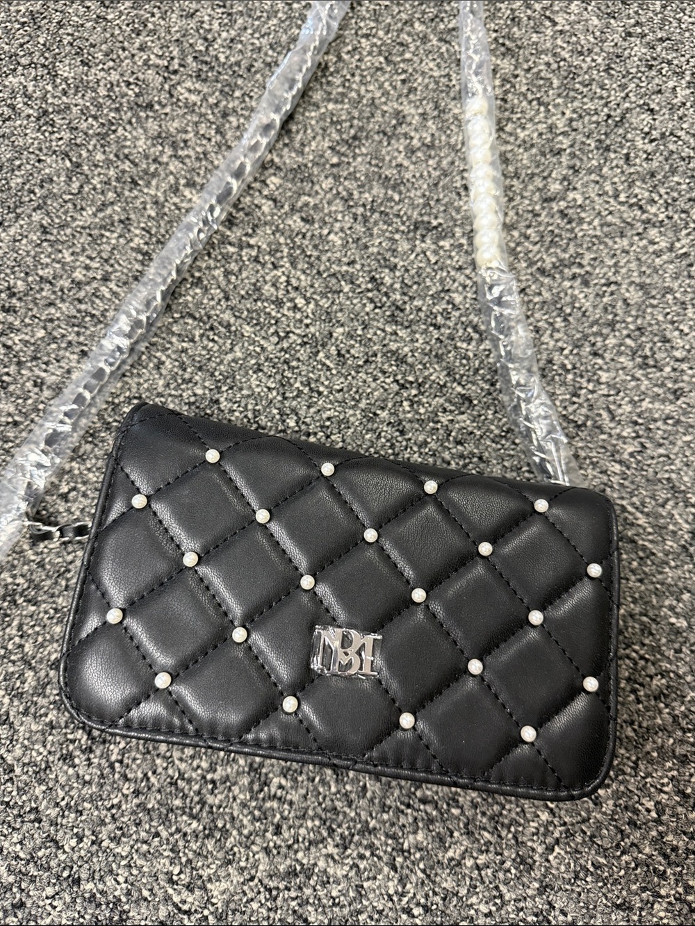 Badgley Mischka Black Quilted Pearl-Stud Crossbody Bag